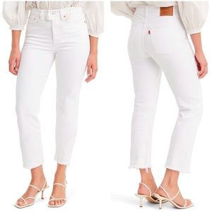 Levi's Premium Wedgie Straight High Rise Raw Hem Crop Jeans White